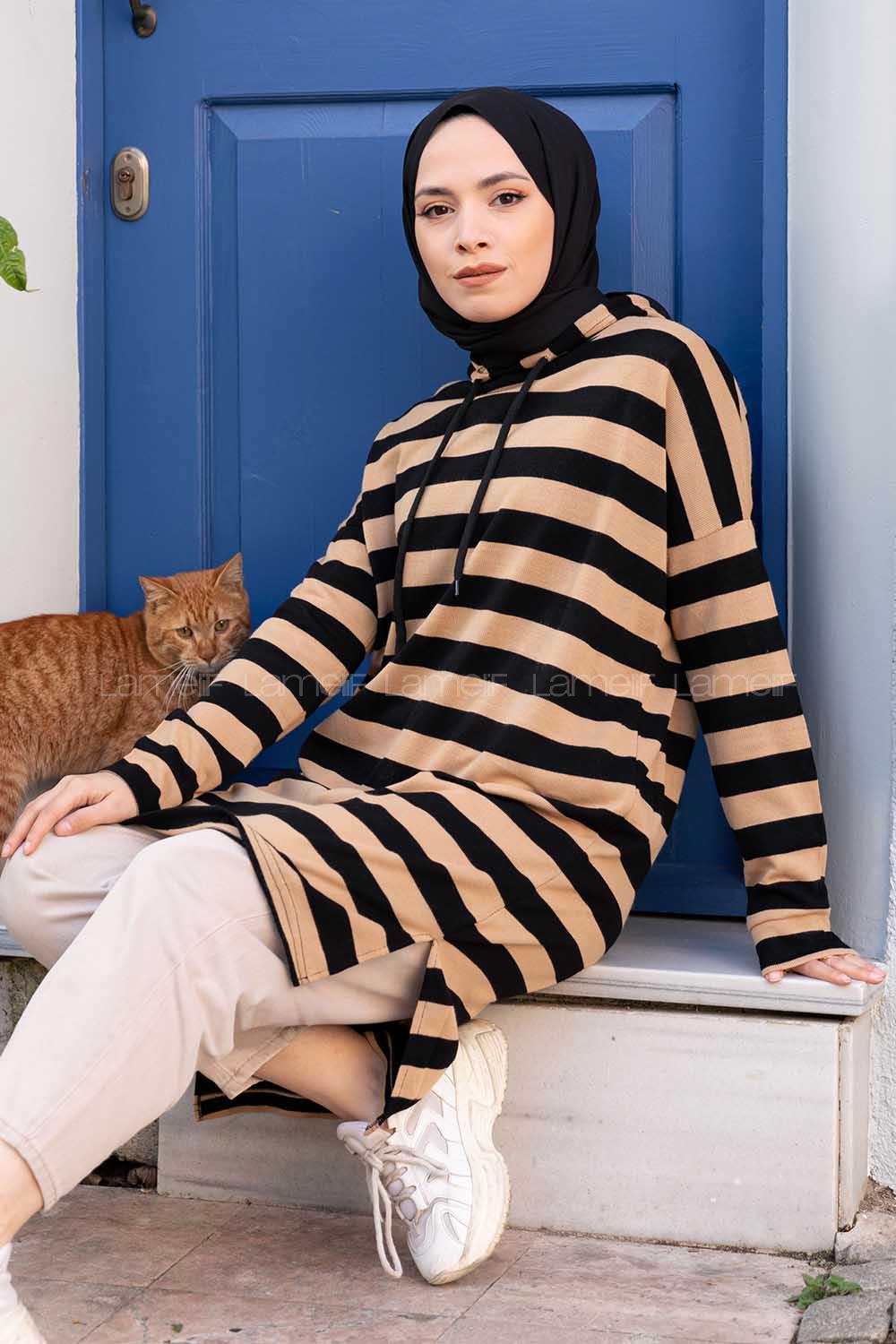 Modalamelif  Çizgili Triko Kapşonlu Tunik Camel