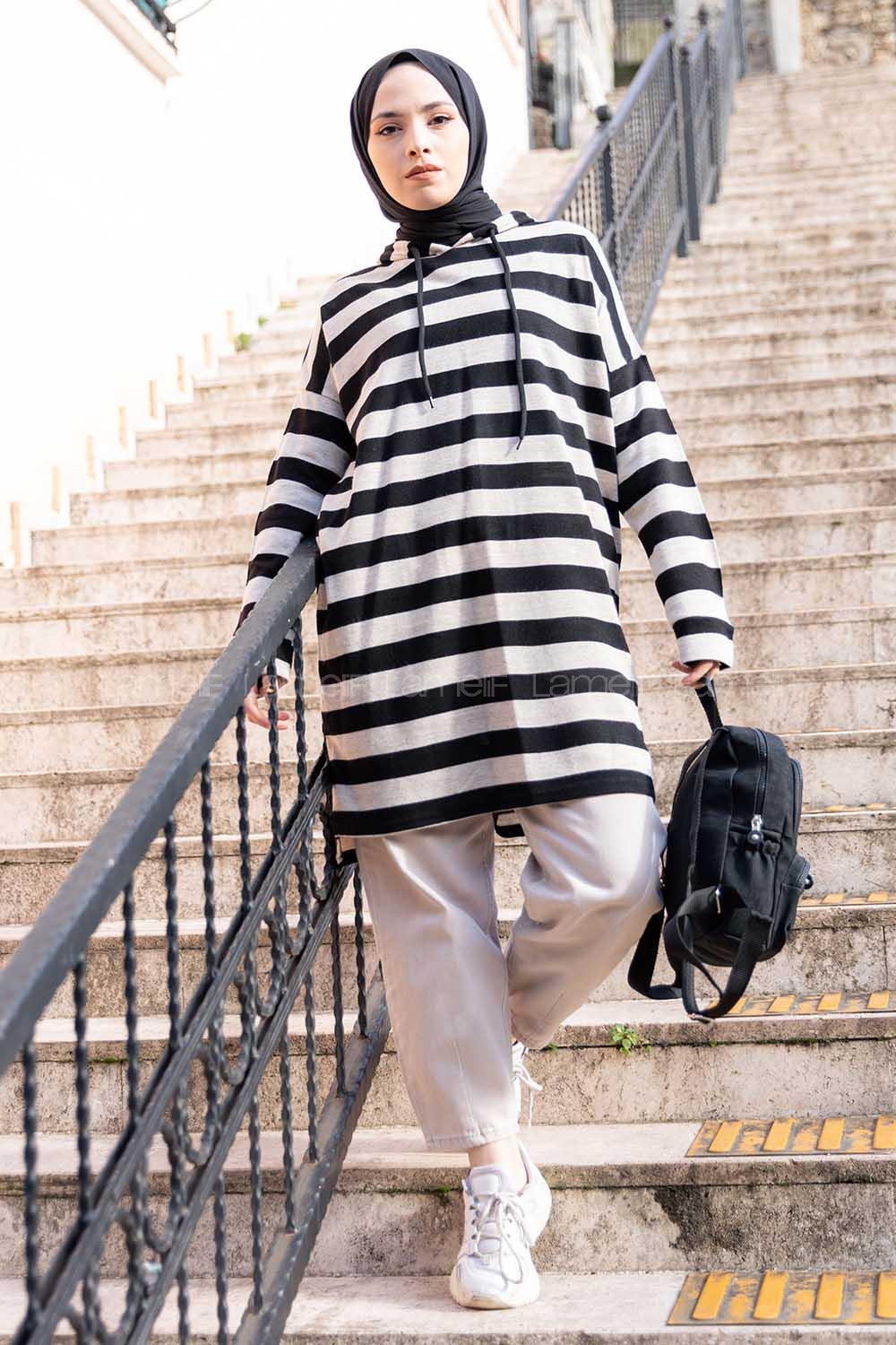 Modalamelif  Çizgili Triko Kapşonlu Tunik Taş