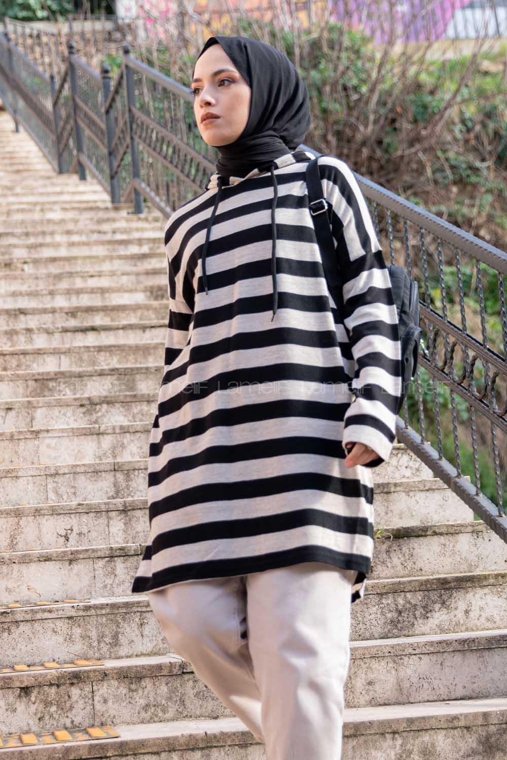 Modalamelif  Çizgili Triko Kapşonlu Tunik Taş