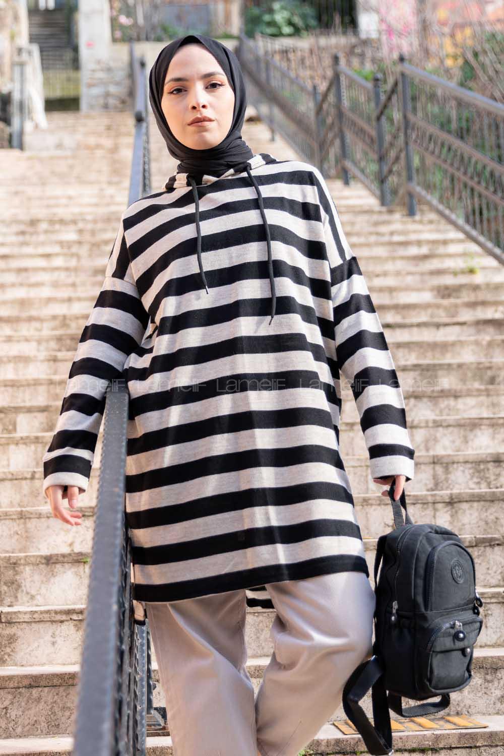 Modalamelif  Çizgili Triko Kapşonlu Tunik Taş