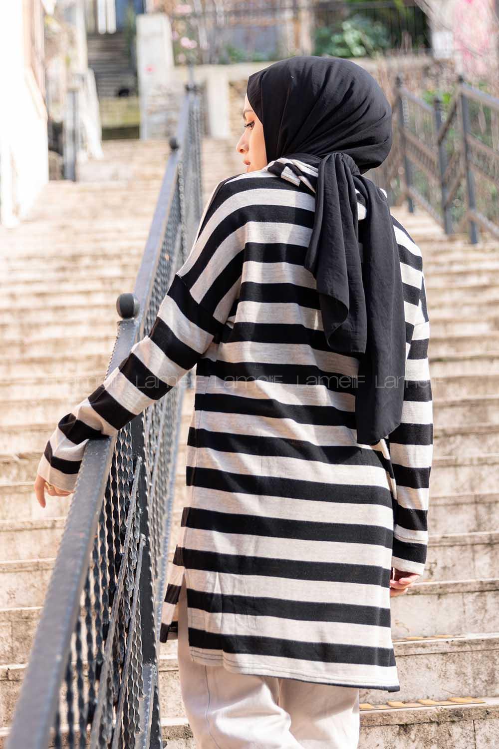 Modalamelif  Çizgili Triko Kapşonlu Tunik Taş