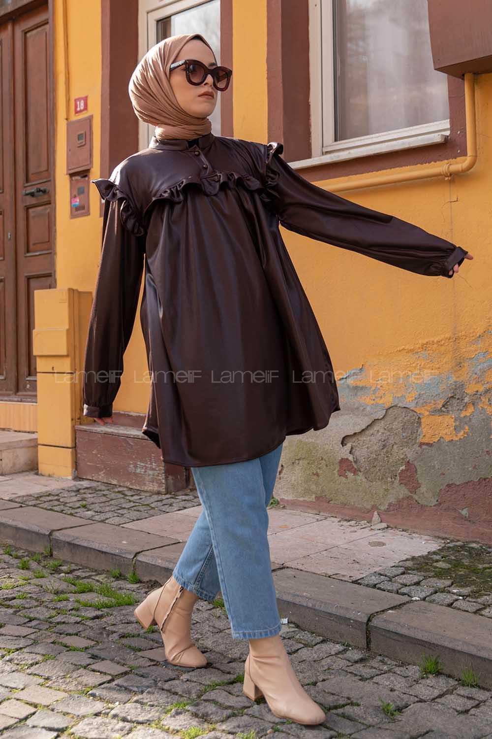 Modalamelif Deri Görünümlü Fırfırlı Gömlek Acı Kahve