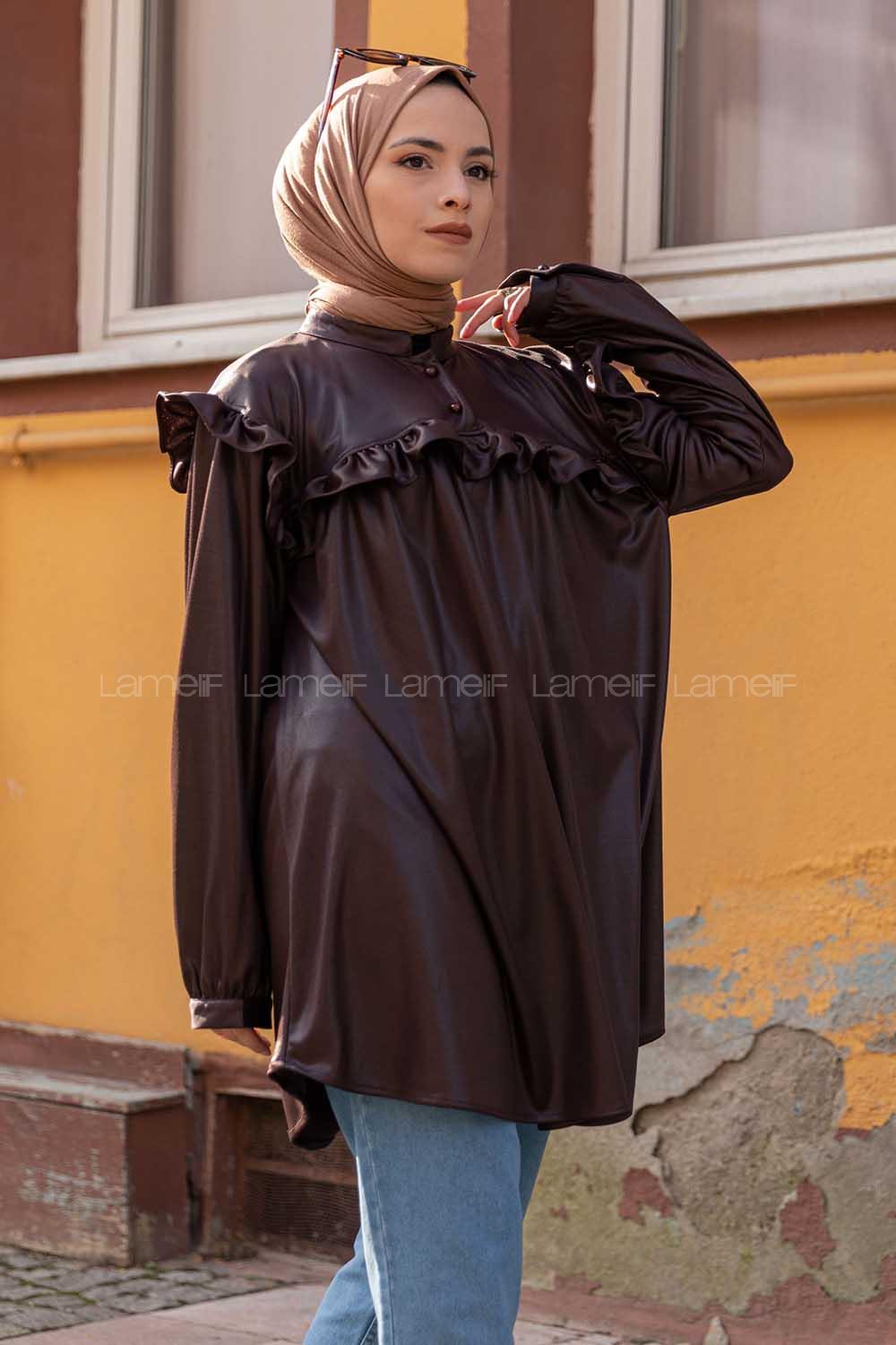 Modalamelif Deri Görünümlü Fırfırlı Gömlek Acı Kahve