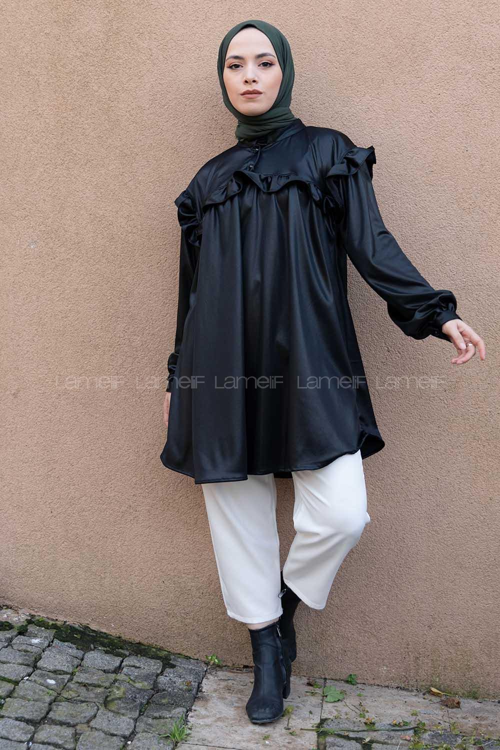 Modalamelif Deri Görünümlü Fırfırlı Gömlek Siyah