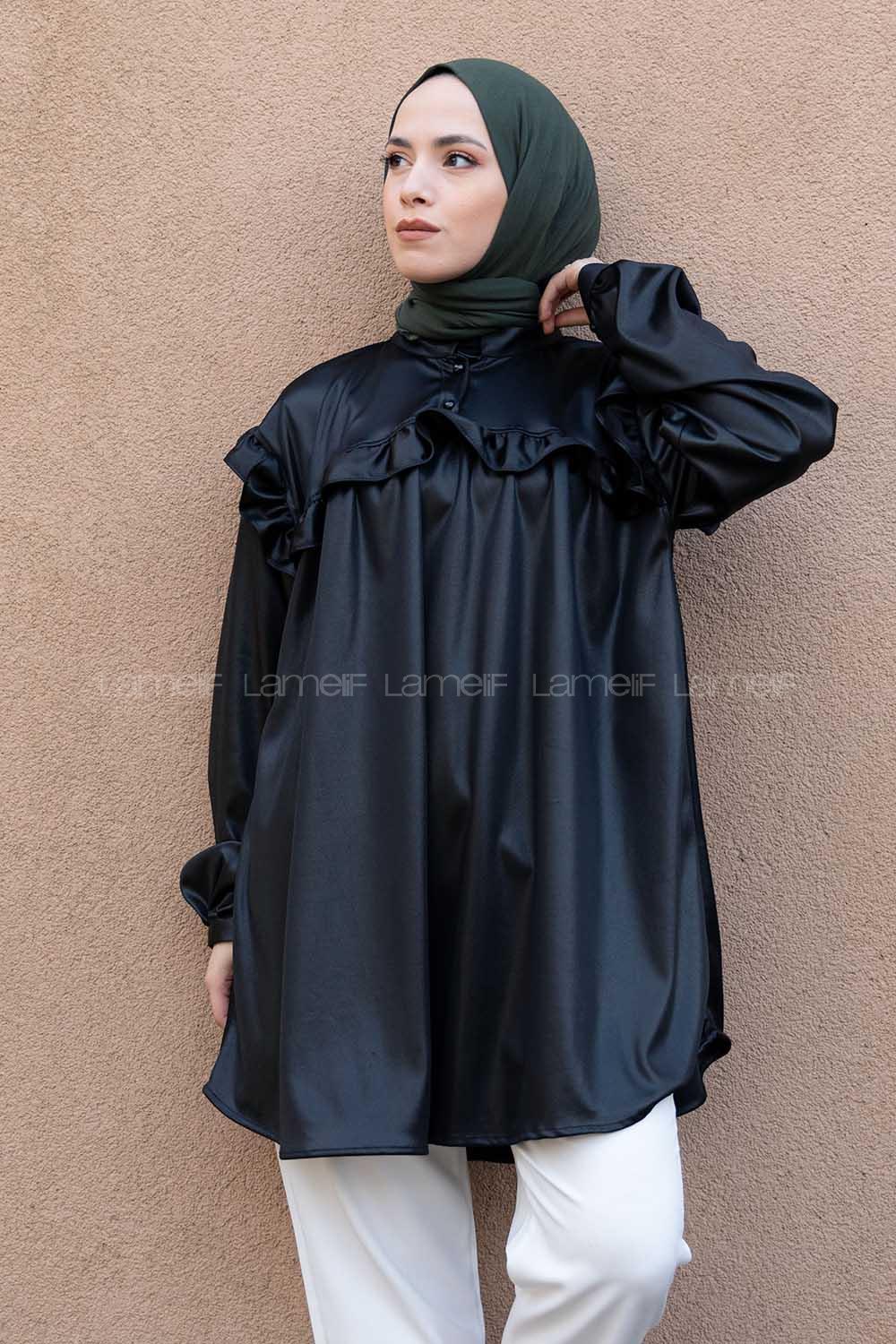 Modalamelif Deri Görünümlü Fırfırlı Gömlek Siyah