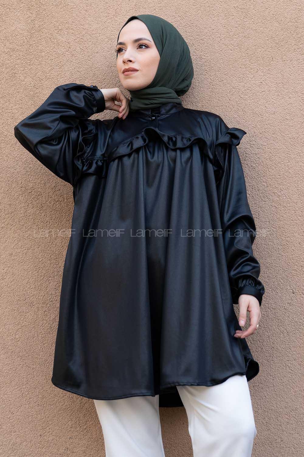 Modalamelif Deri Görünümlü Fırfırlı Gömlek Siyah