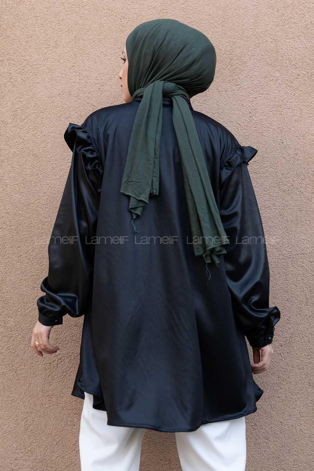 Modalamelif Deri Görünümlü Fırfırlı Gömlek Siyah