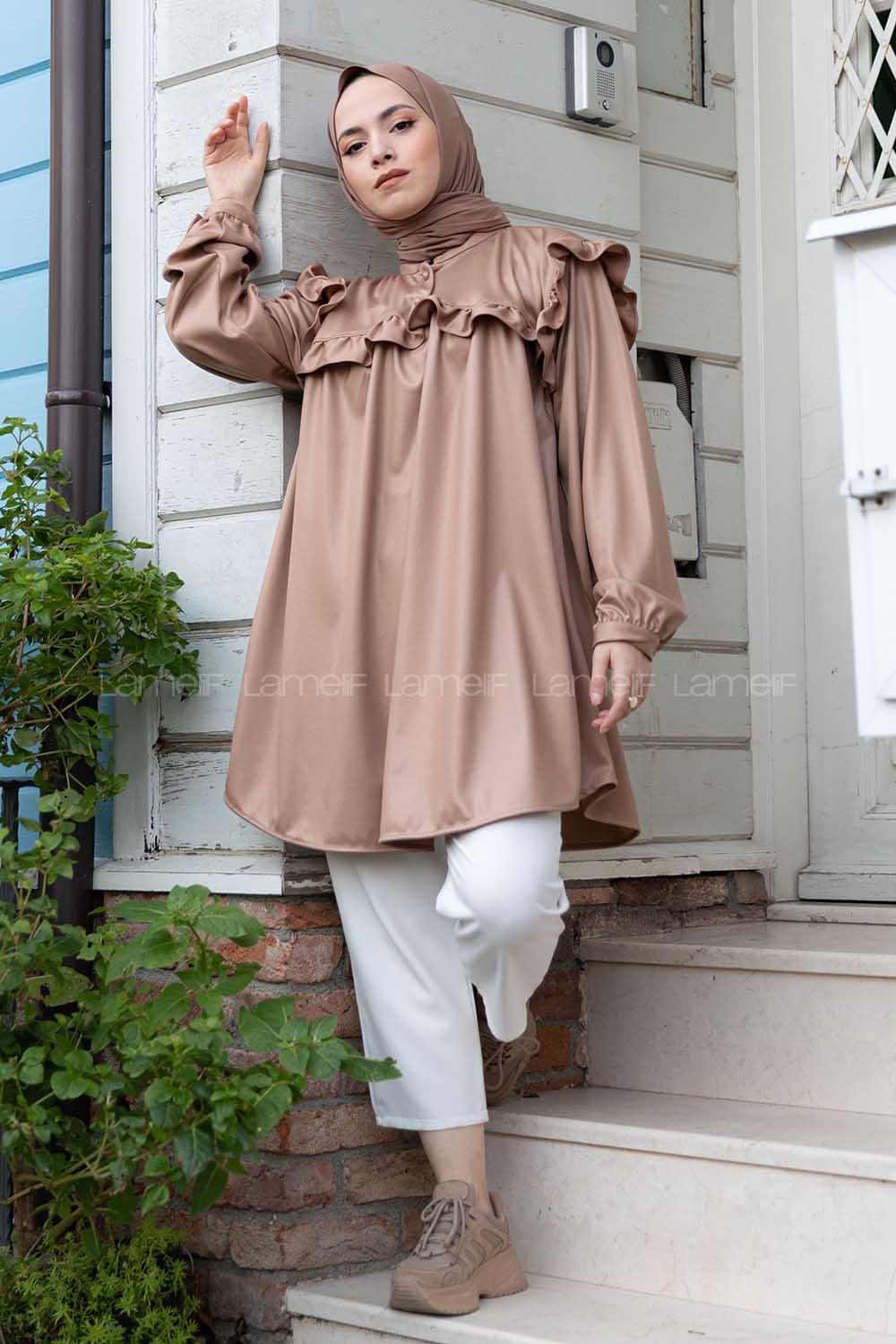 Modalamelif Deri Görünümlü Fırfırlı Gömlek Sütlü Kahve