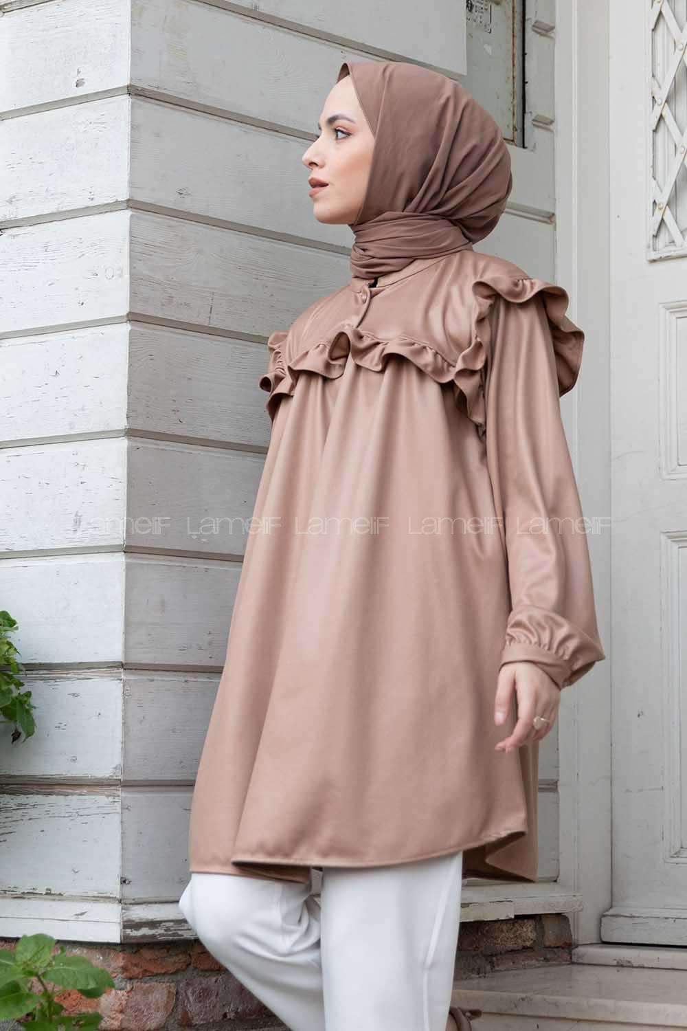 Modalamelif Deri Görünümlü Fırfırlı Gömlek Sütlü Kahve