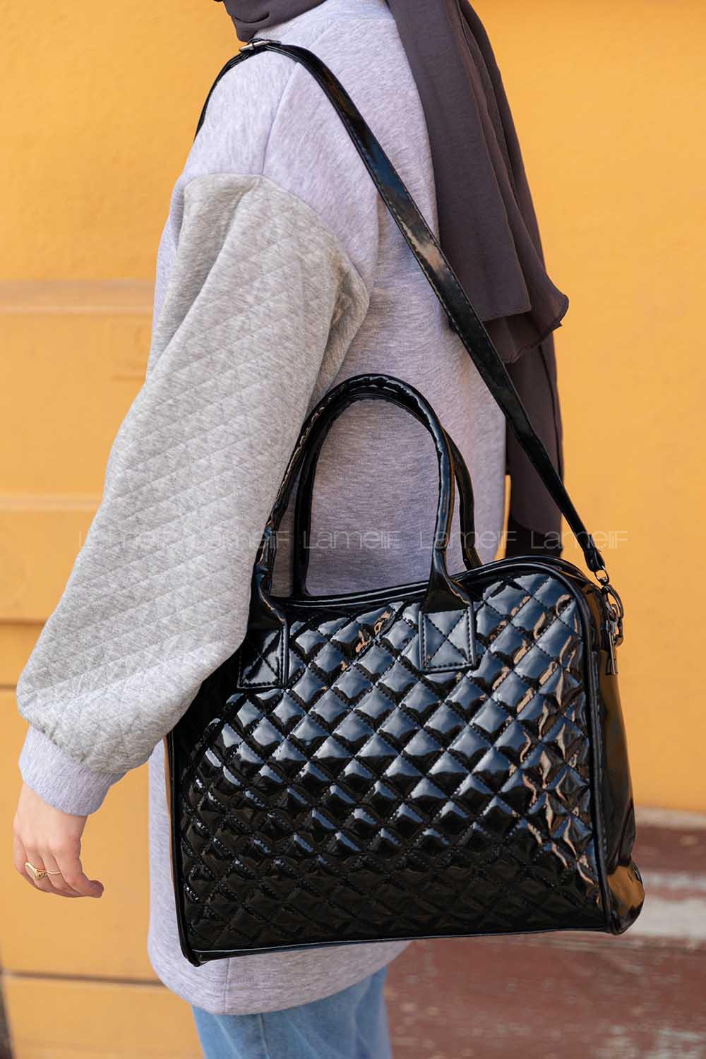 Modalamelif Dikişli Lidya Rugan Çanta Siyah