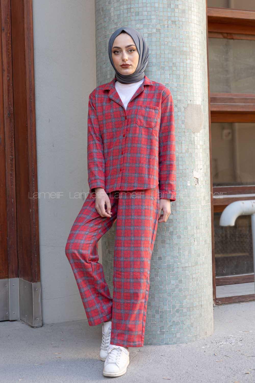 Modalamelif Ekose Desen İkili Pijama Takım Kırmızı