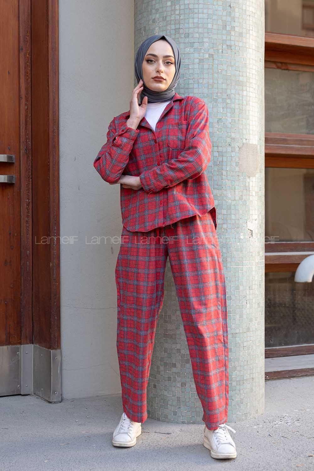 Modalamelif Ekose Desen İkili Pijama Takım Kırmızı