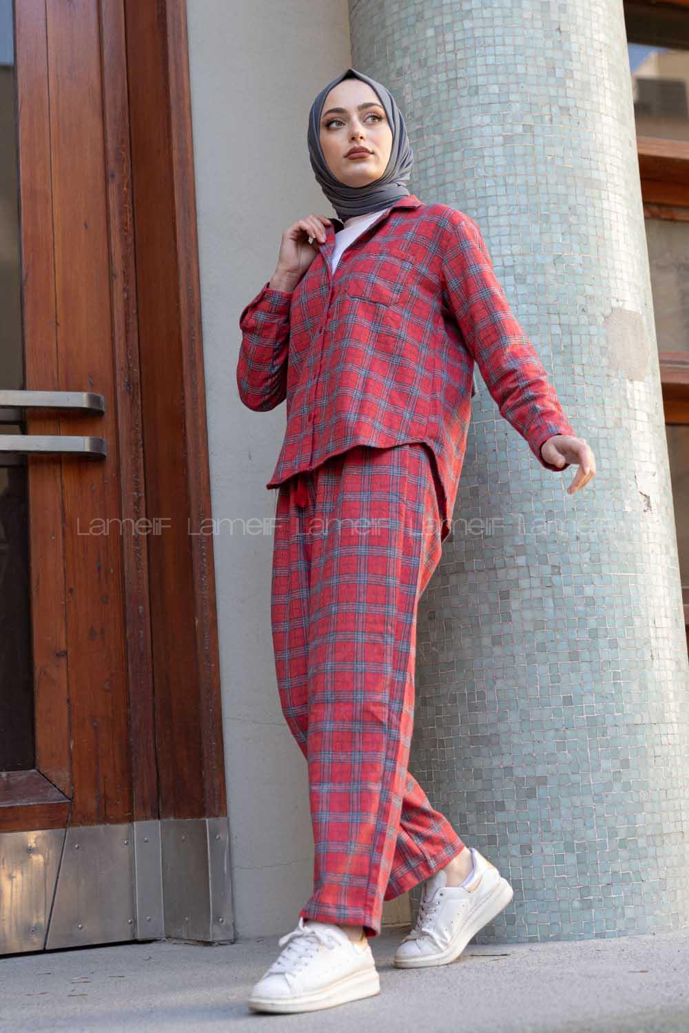 Modalamelif Ekose Desen İkili Pijama Takım Kırmızı