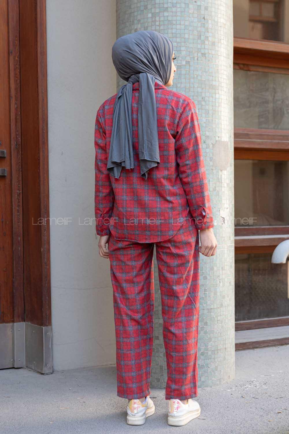 Modalamelif Ekose Desen İkili Pijama Takım Kırmızı