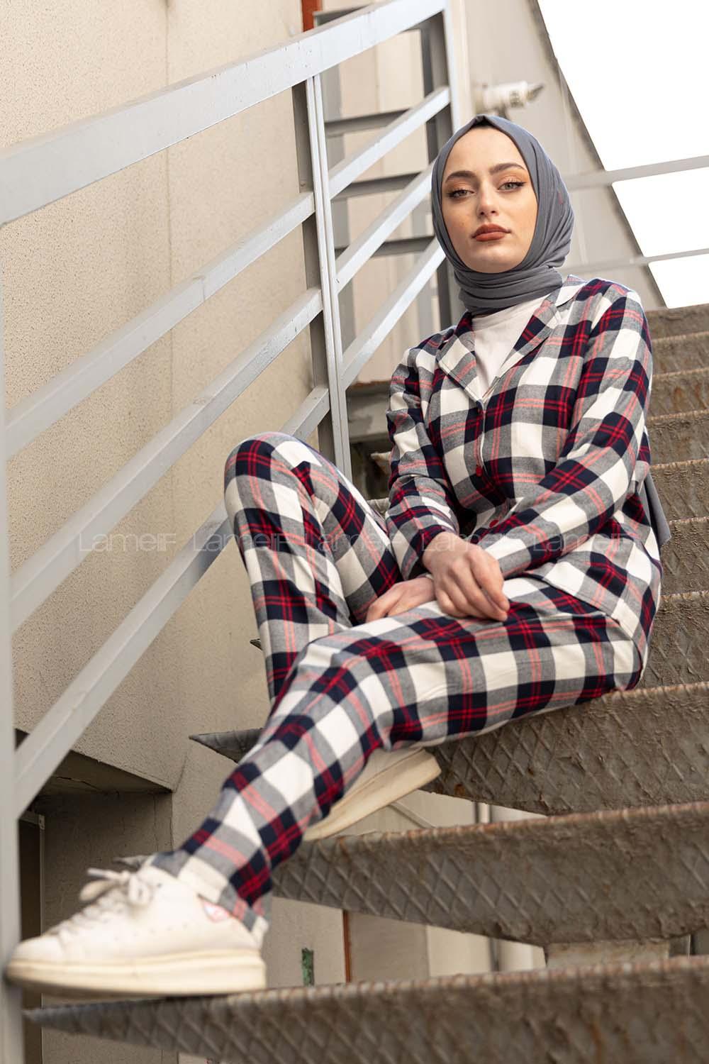 Modalamelif Ekose Desen İkili Pijama Takım Lacivert Bordo