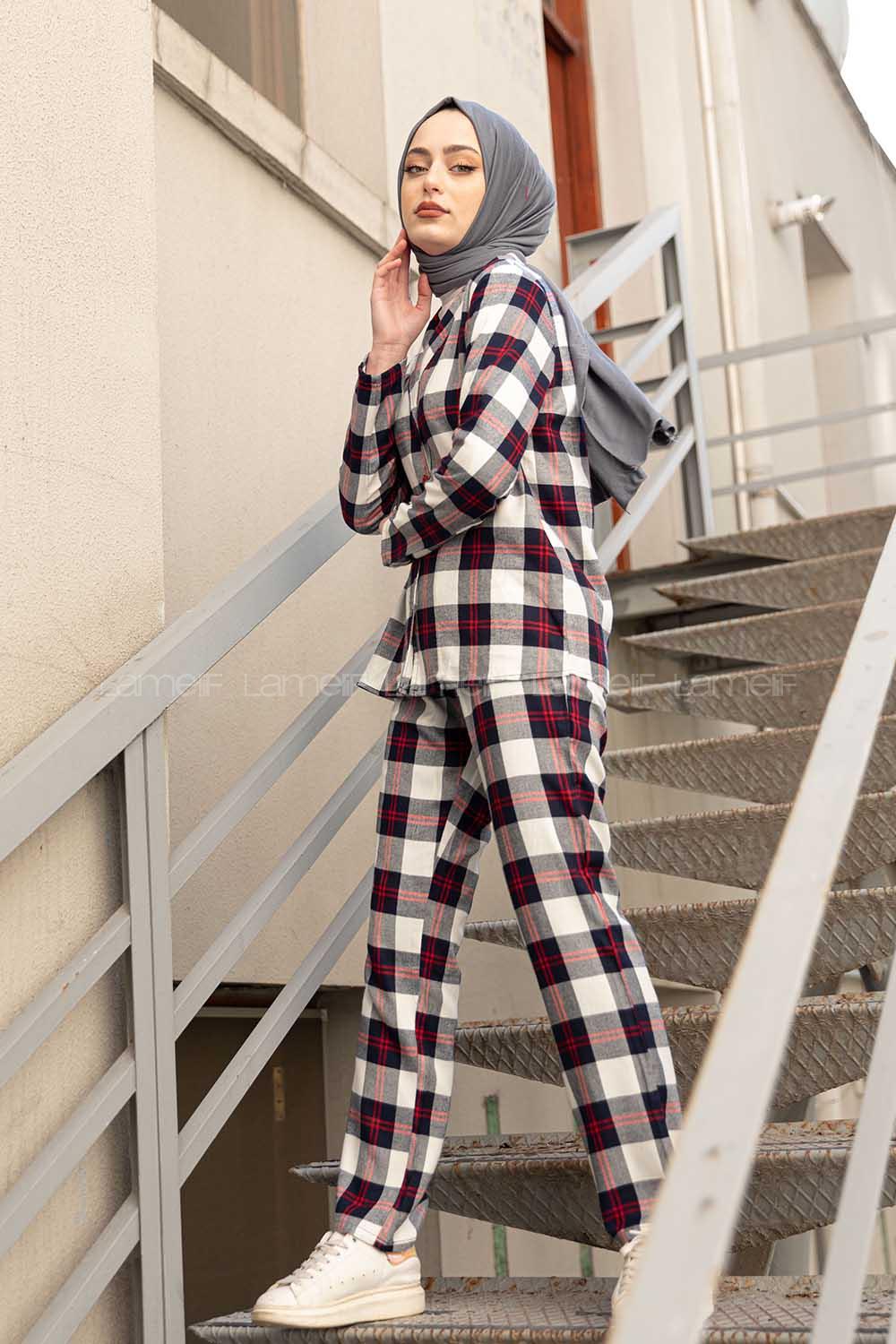 Modalamelif Ekose Desen İkili Pijama Takım Lacivert Bordo