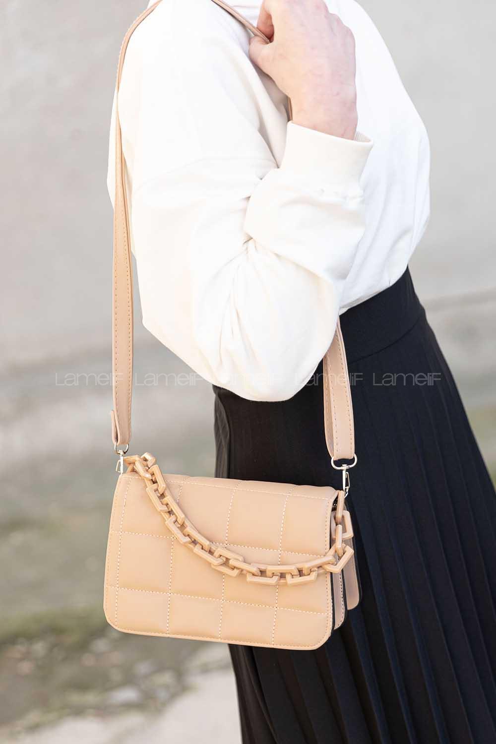 Modalamelif Kapitone  Baskı Aksesuarlı  Çanta Vizonrengi