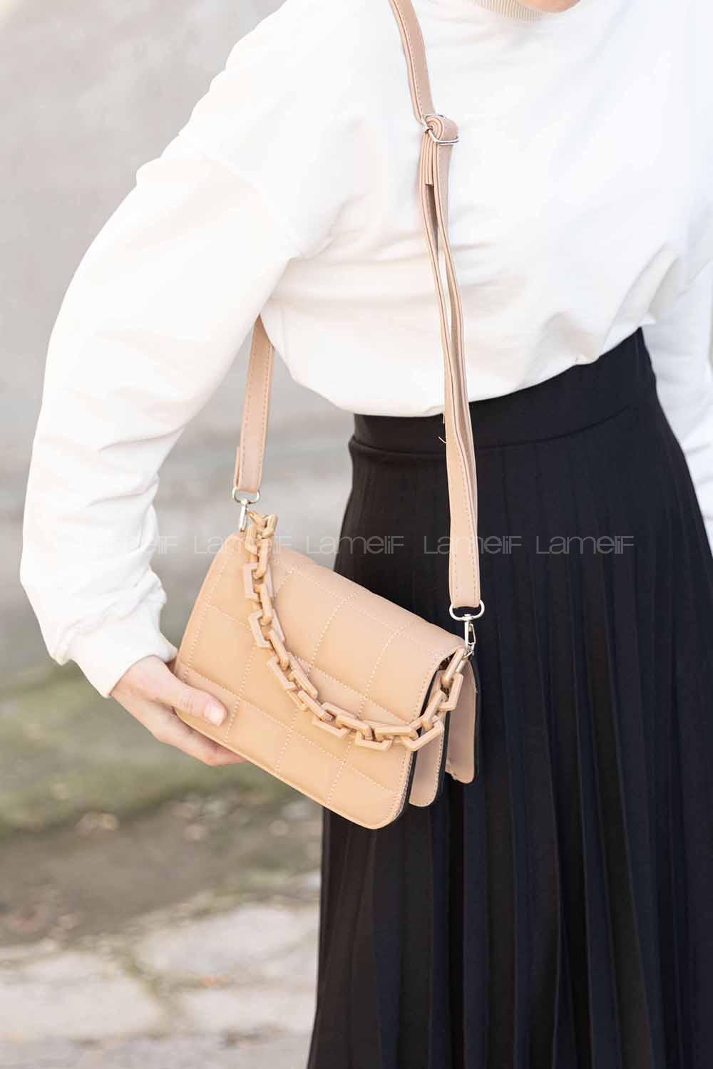 Modalamelif Kapitone  Baskı Aksesuarlı  Çanta Vizonrengi