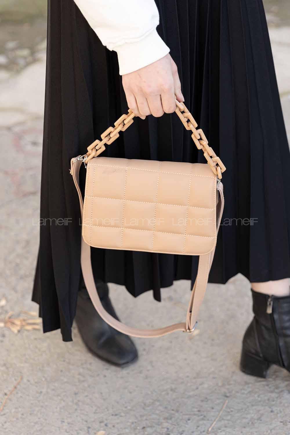 Modalamelif Kapitone  Baskı Aksesuarlı  Çanta Vizonrengi