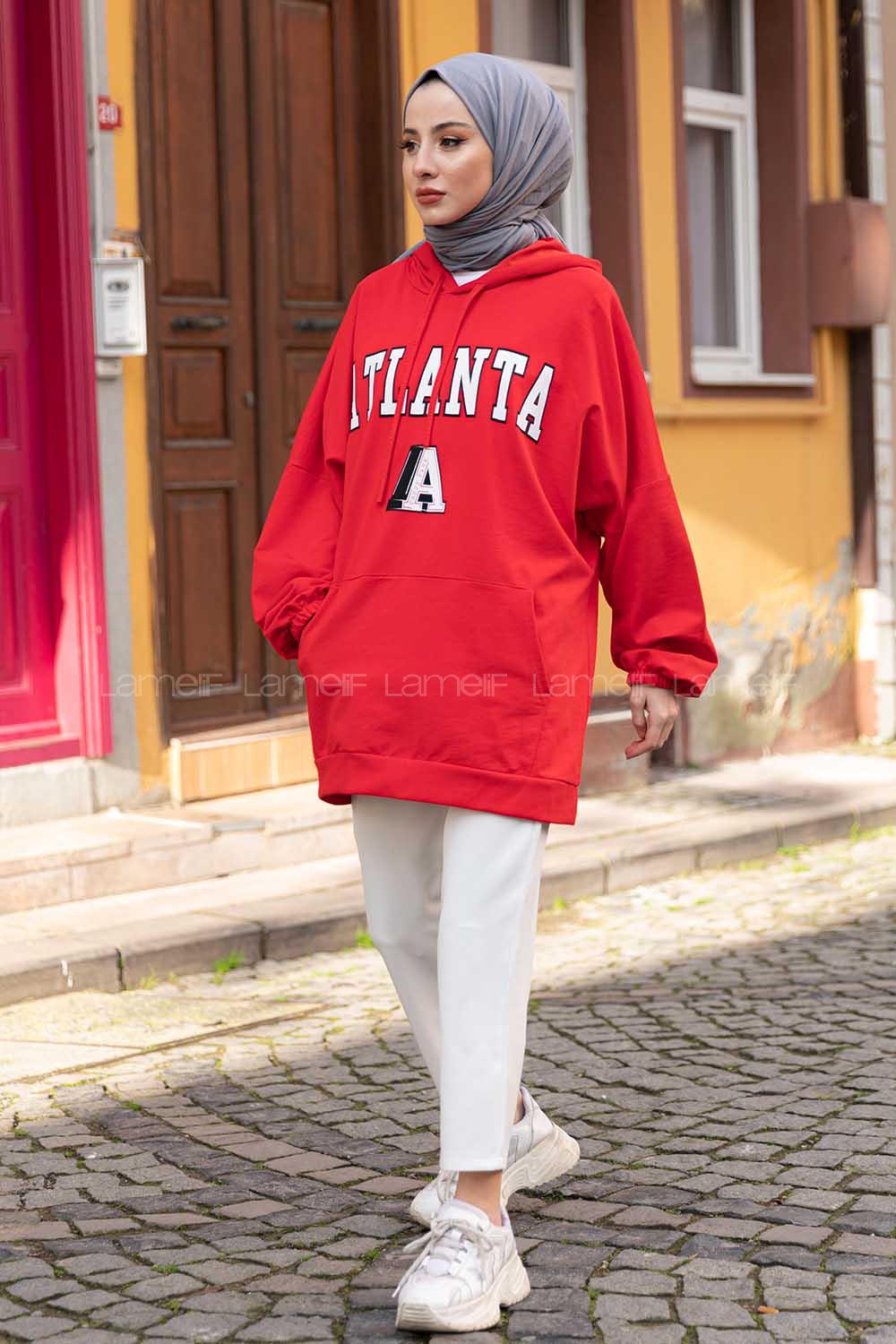 Modalamelif Kapşonlu Atlanta Baskılı Sweatshirt Kırmızı