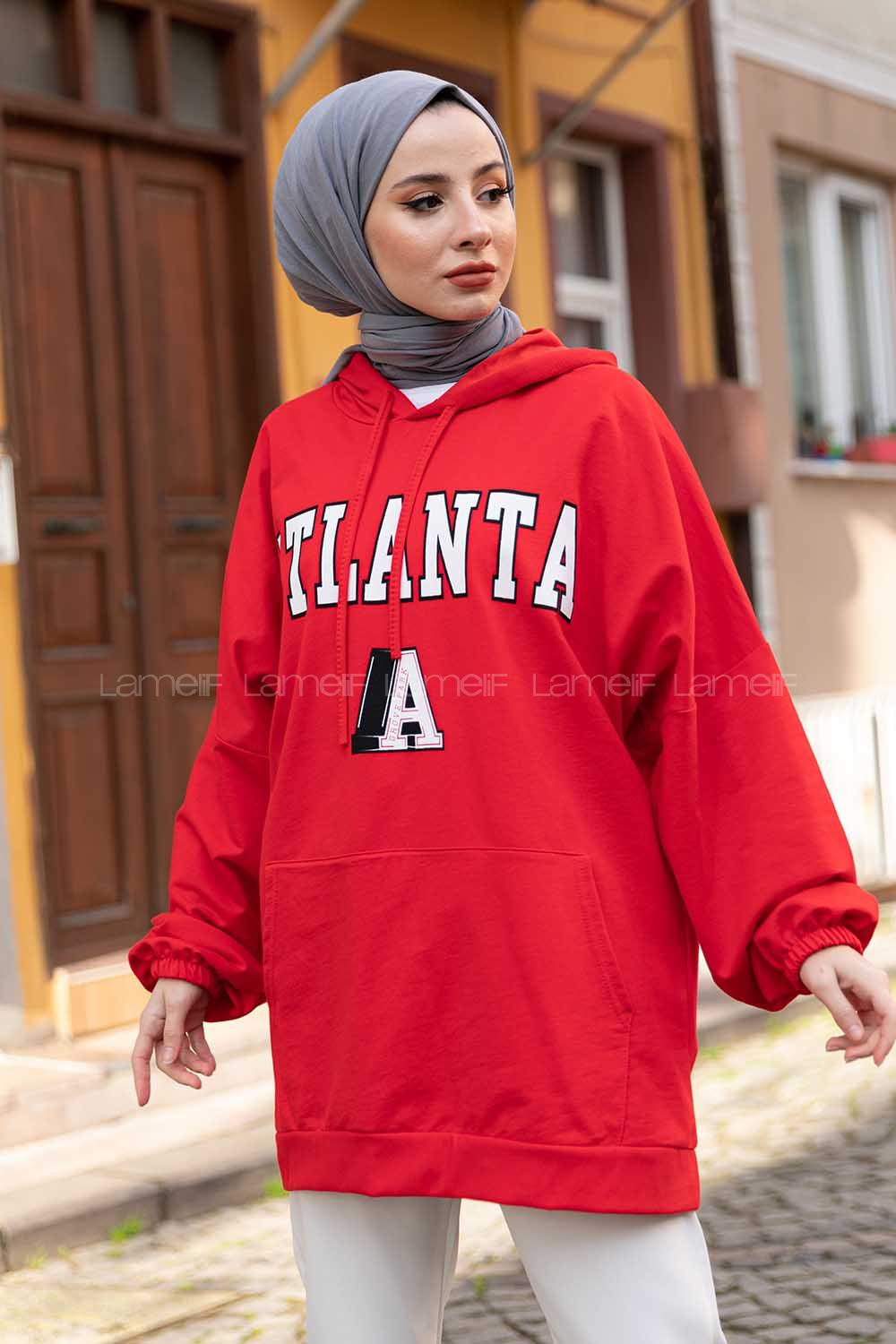 Modalamelif Kapşonlu Atlanta Baskılı Sweatshirt Kırmızı