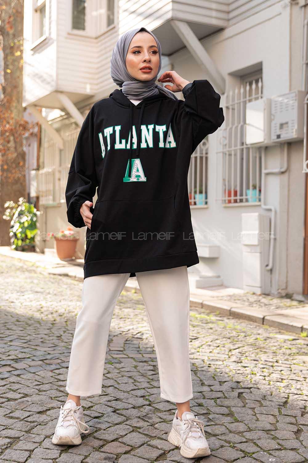 Modalamelif Kapşonlu Atlanta Baskılı Sweatshirt Siyah