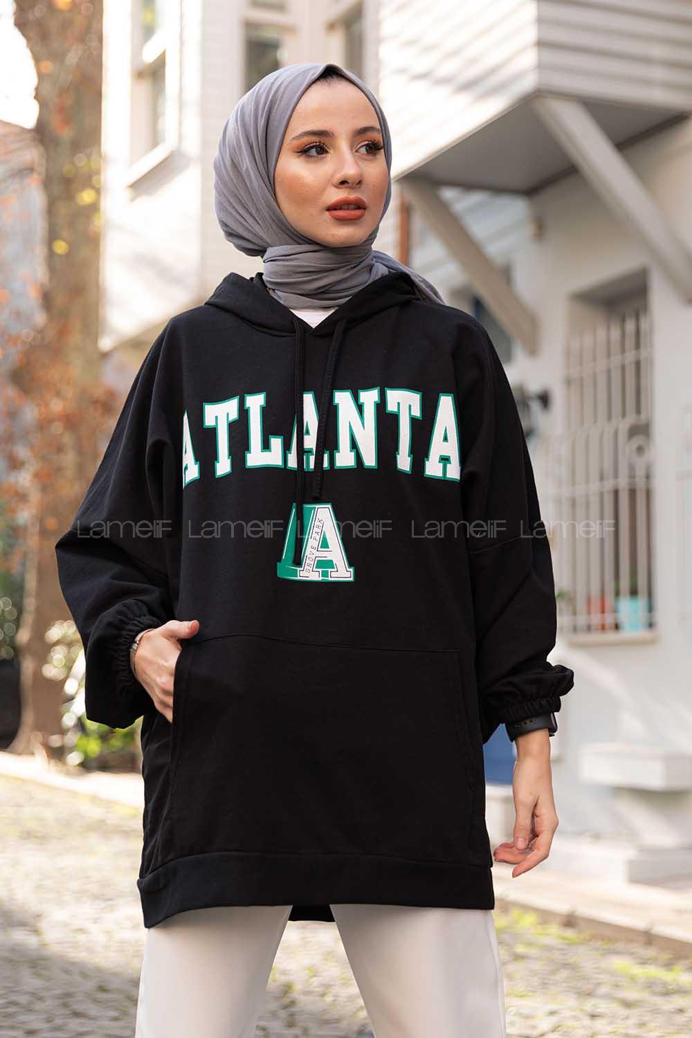 Modalamelif Kapşonlu Atlanta Baskılı Sweatshirt Siyah
