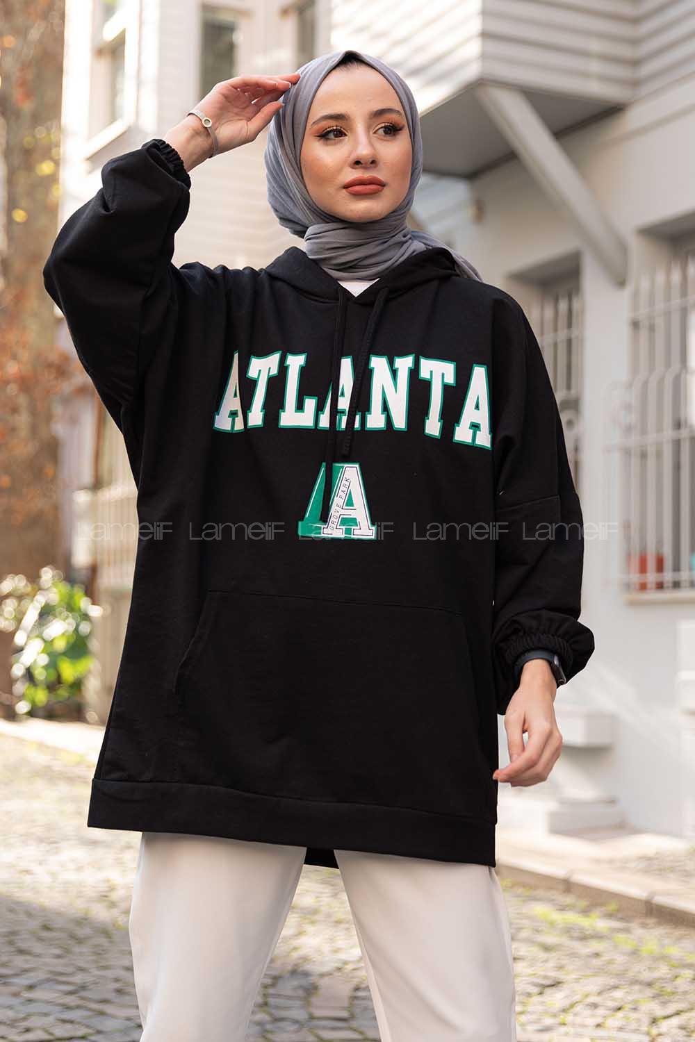 Modalamelif Kapşonlu Atlanta Baskılı Sweatshirt Siyah