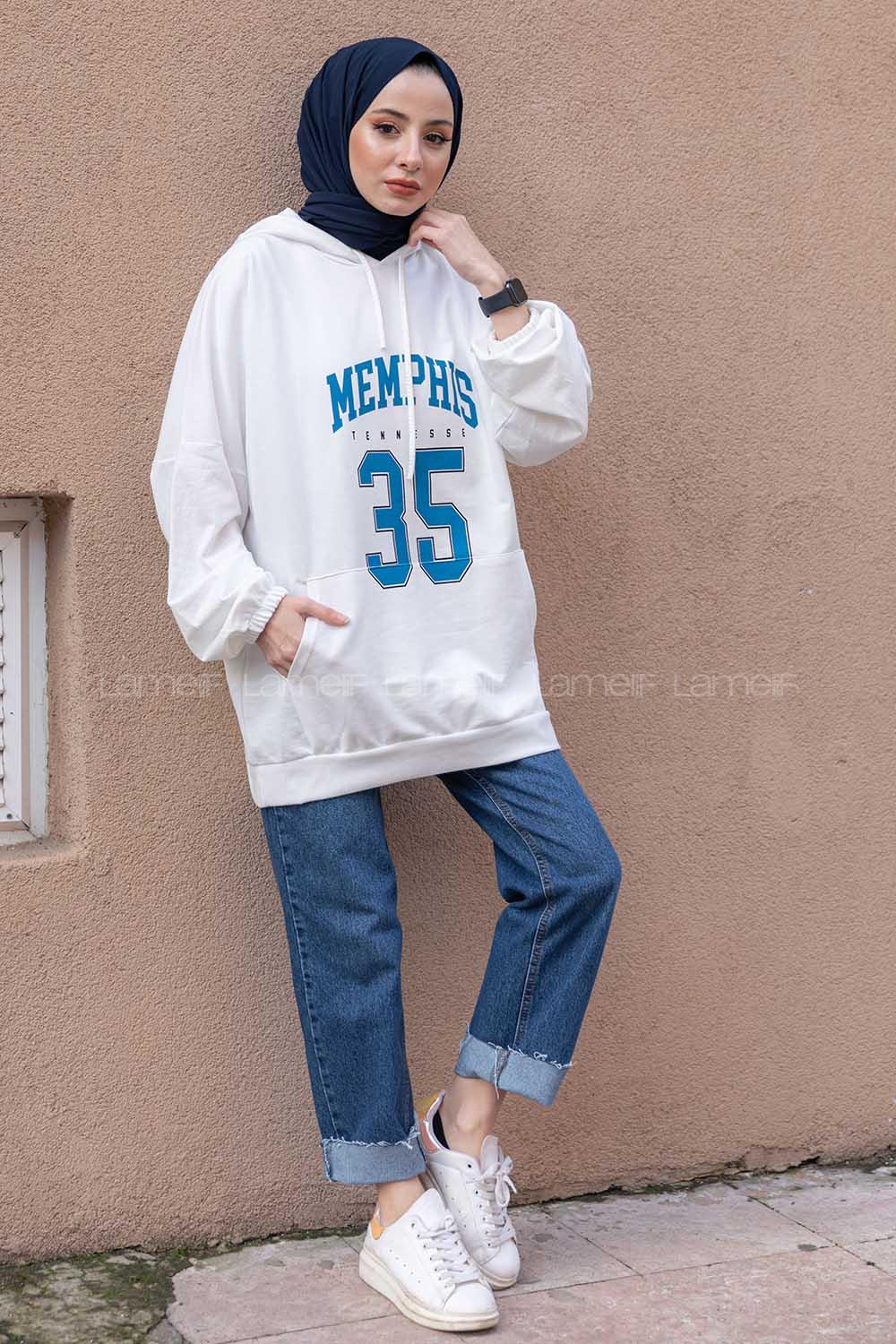 Modalamelif Kapşonlu Memphis Baskılı Sweatshirt Ekru