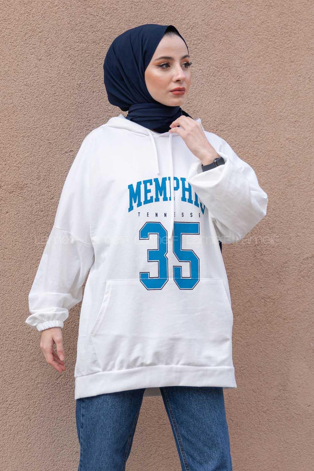 Modalamelif Kapşonlu Memphis Baskılı Sweatshirt Ekru