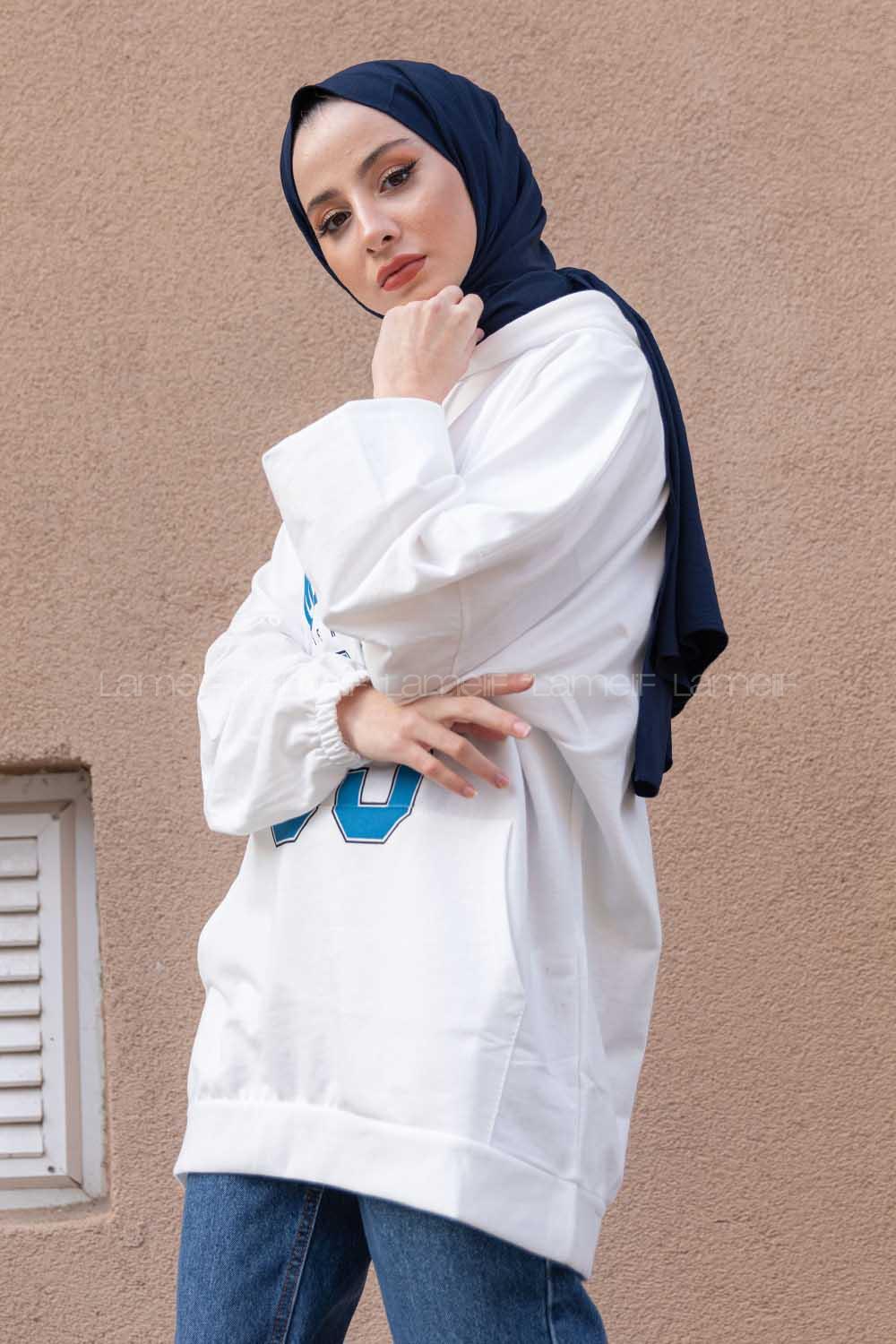 Modalamelif Kapşonlu Memphis Baskılı Sweatshirt Ekru