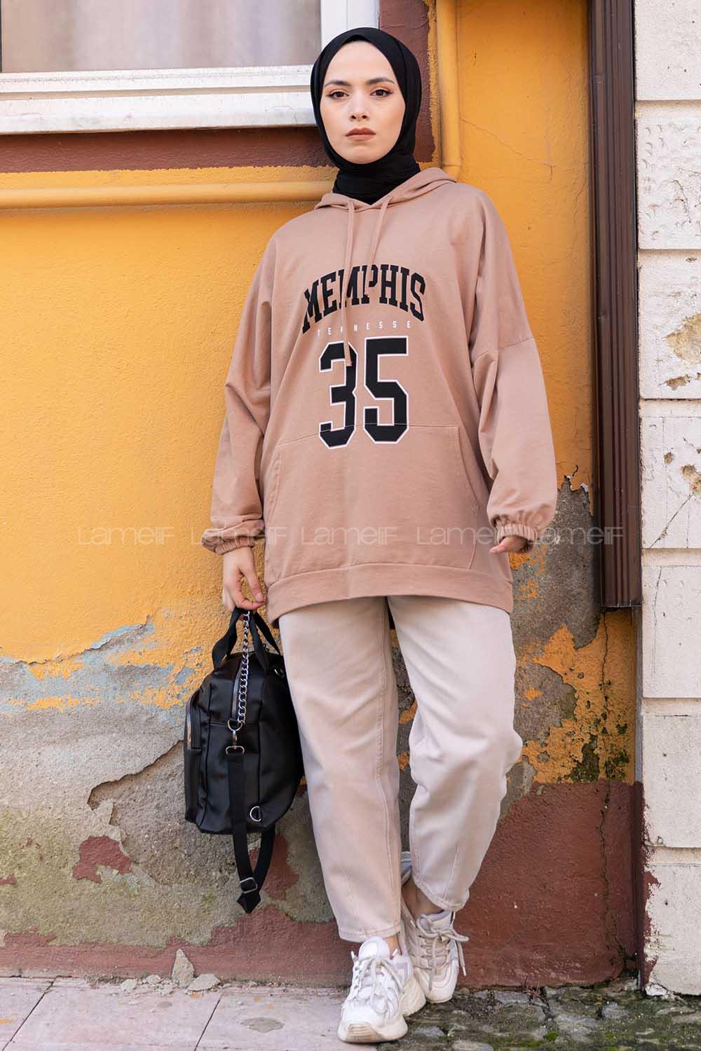 Modalamelif Kapşonlu Memphis Baskılı Sweatshirt Sütlü Kahve