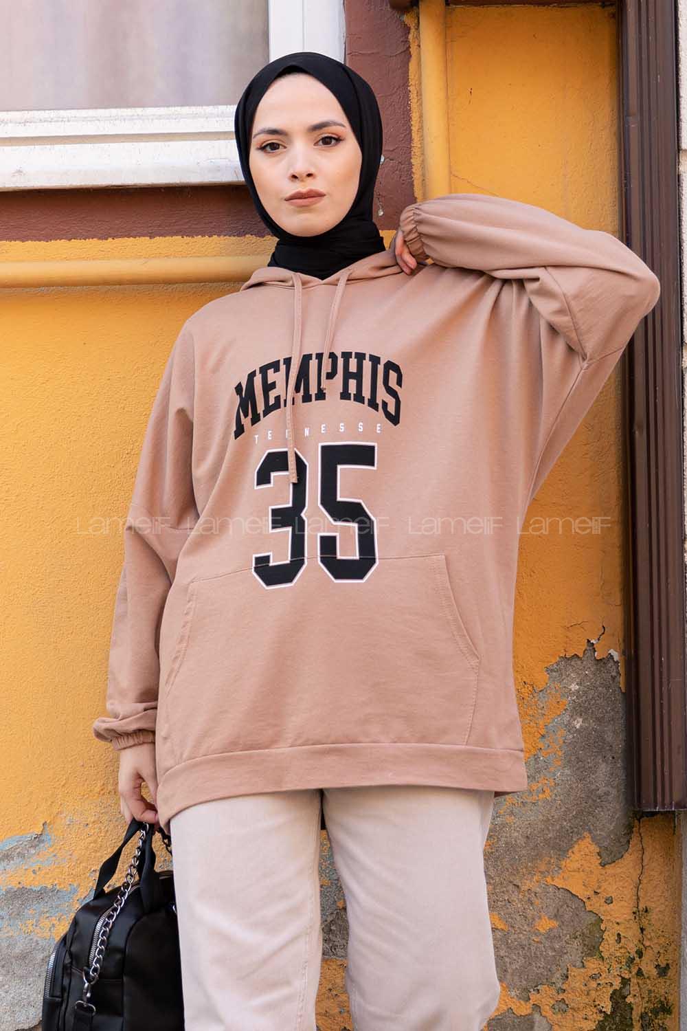 Modalamelif Kapşonlu Memphis Baskılı Sweatshirt Sütlü Kahve