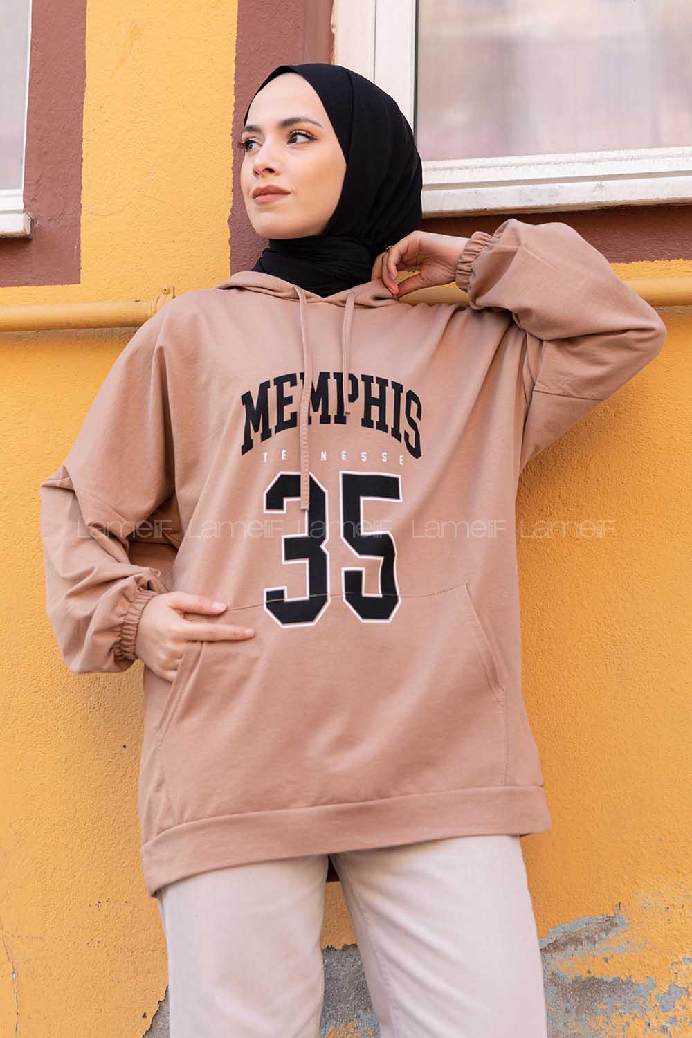 Modalamelif Kapşonlu Memphis Baskılı Sweatshirt Sütlü Kahve