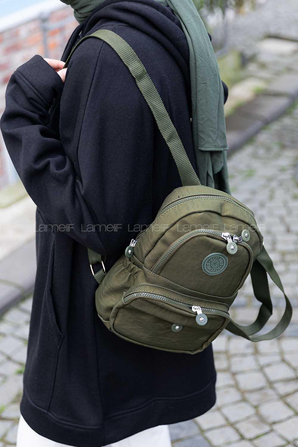 Modalamelif  Krinkıl Kumaş Üç Böçlmeli Sırt Çantası Haki