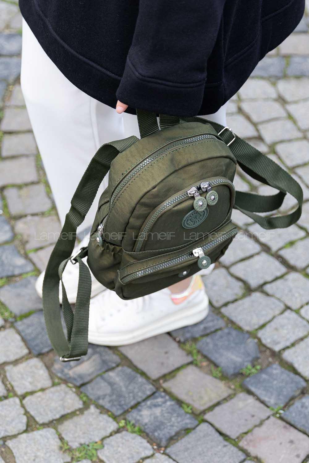 Modalamelif  Krinkıl Kumaş Üç Böçlmeli Sırt Çantası Haki