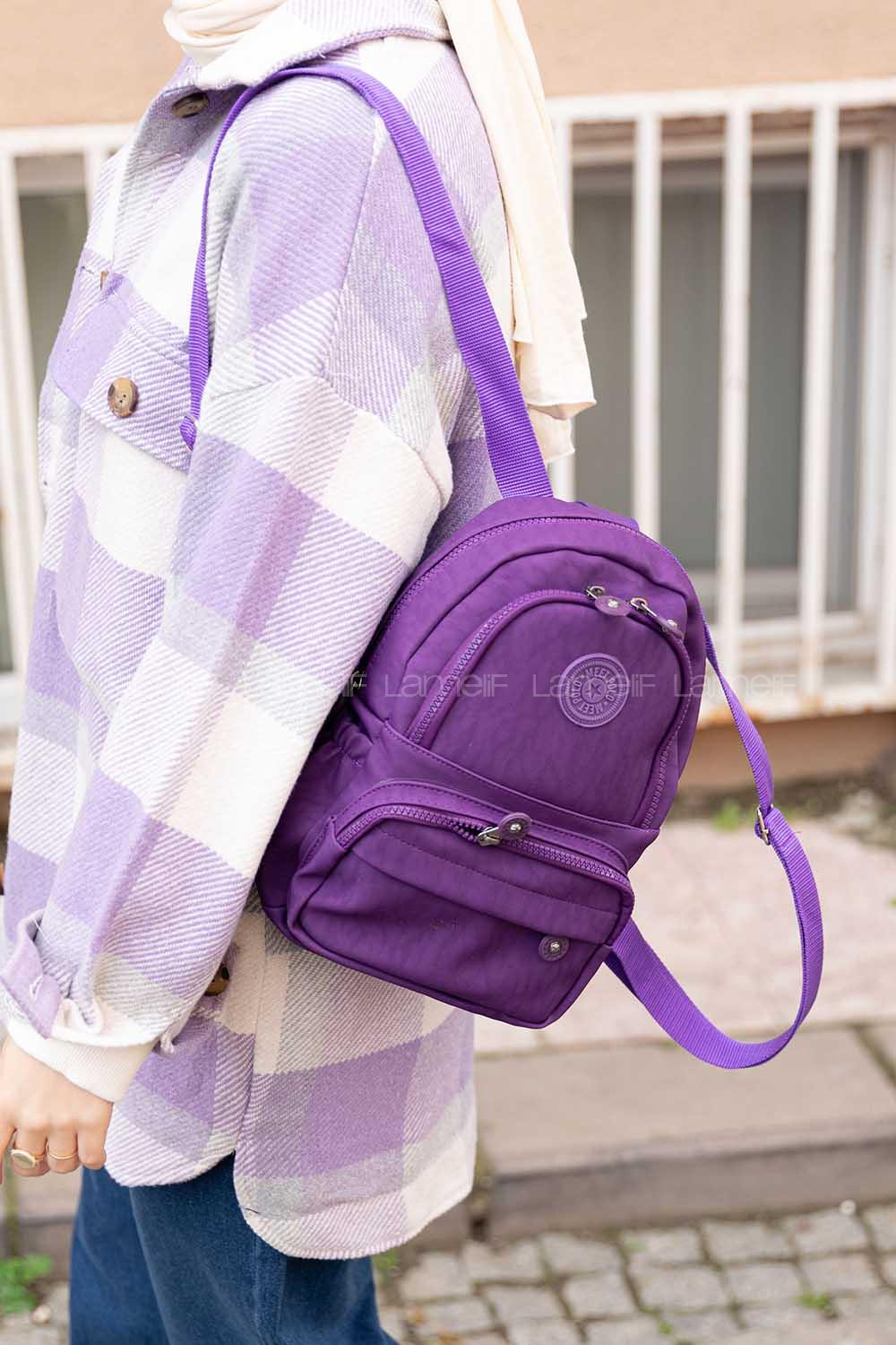 Modalamelif  Krinkıl Kumaş Üç Böçlmeli Sırt Çantası Mor
