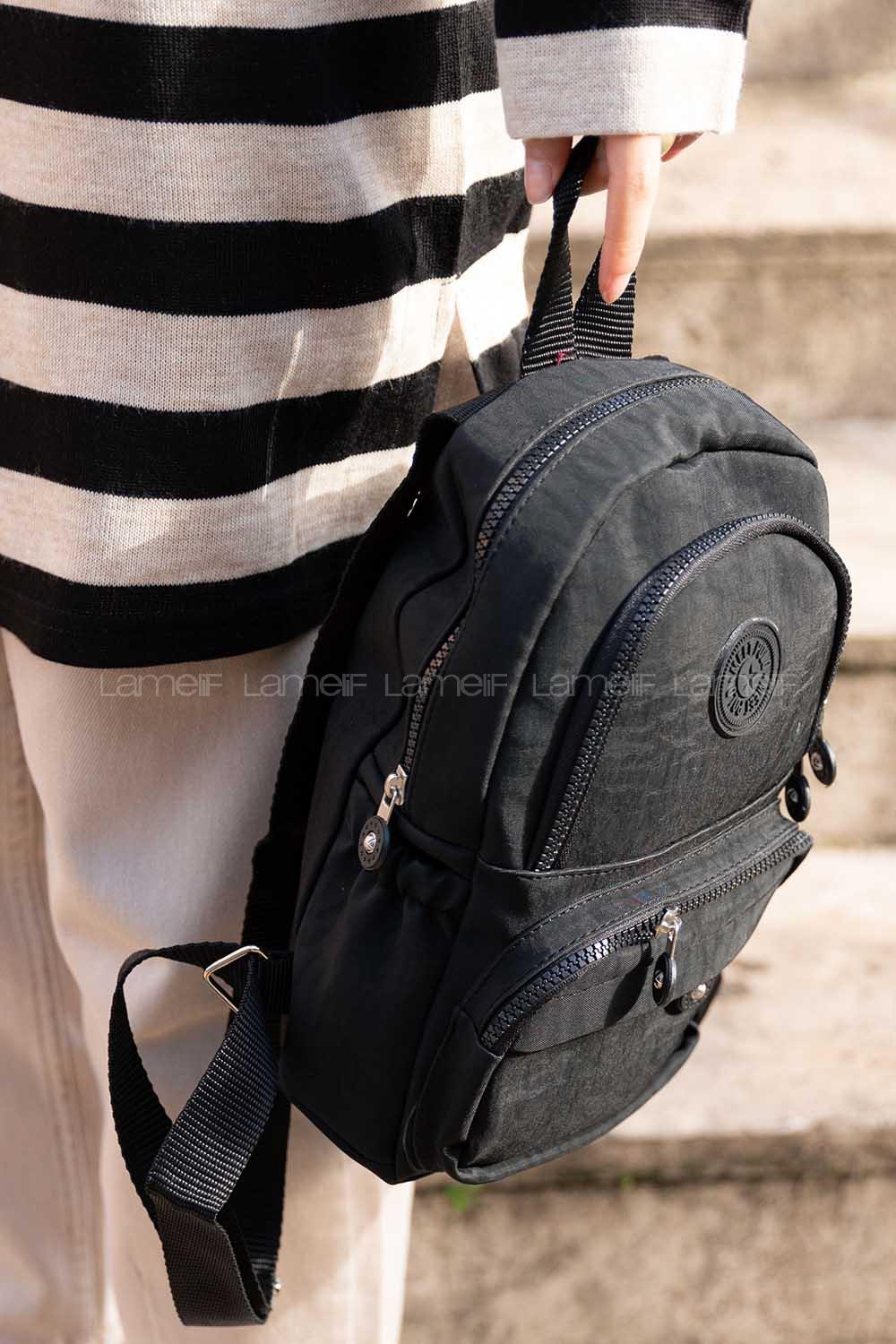 Modalamelif  Krinkıl Kumaş Üç Böçlmeli Sırt Çantası Siyah