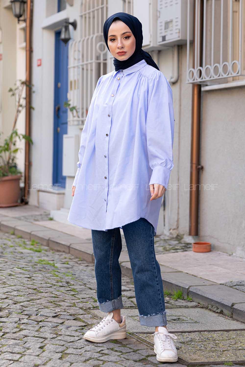 Modalamelif Önü Düğmeli Balon Kol Gömlek Bebe Mavisi