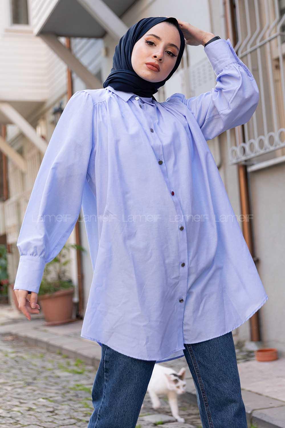 Modalamelif Önü Düğmeli Balon Kol Gömlek Bebe Mavisi