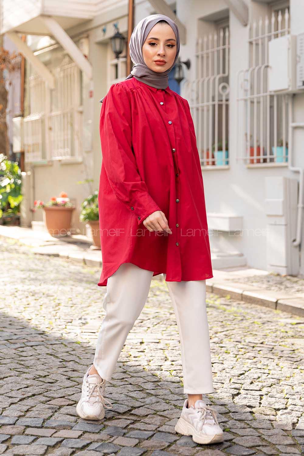 Modalamelif Önü Düğmeli Balon Kol Gömlek Bordo