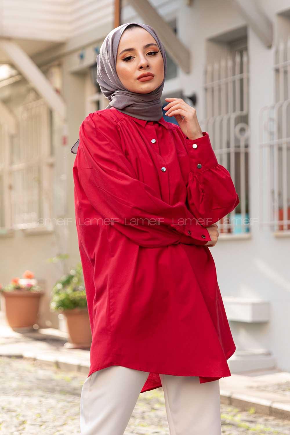 Modalamelif Önü Düğmeli Balon Kol Gömlek Bordo