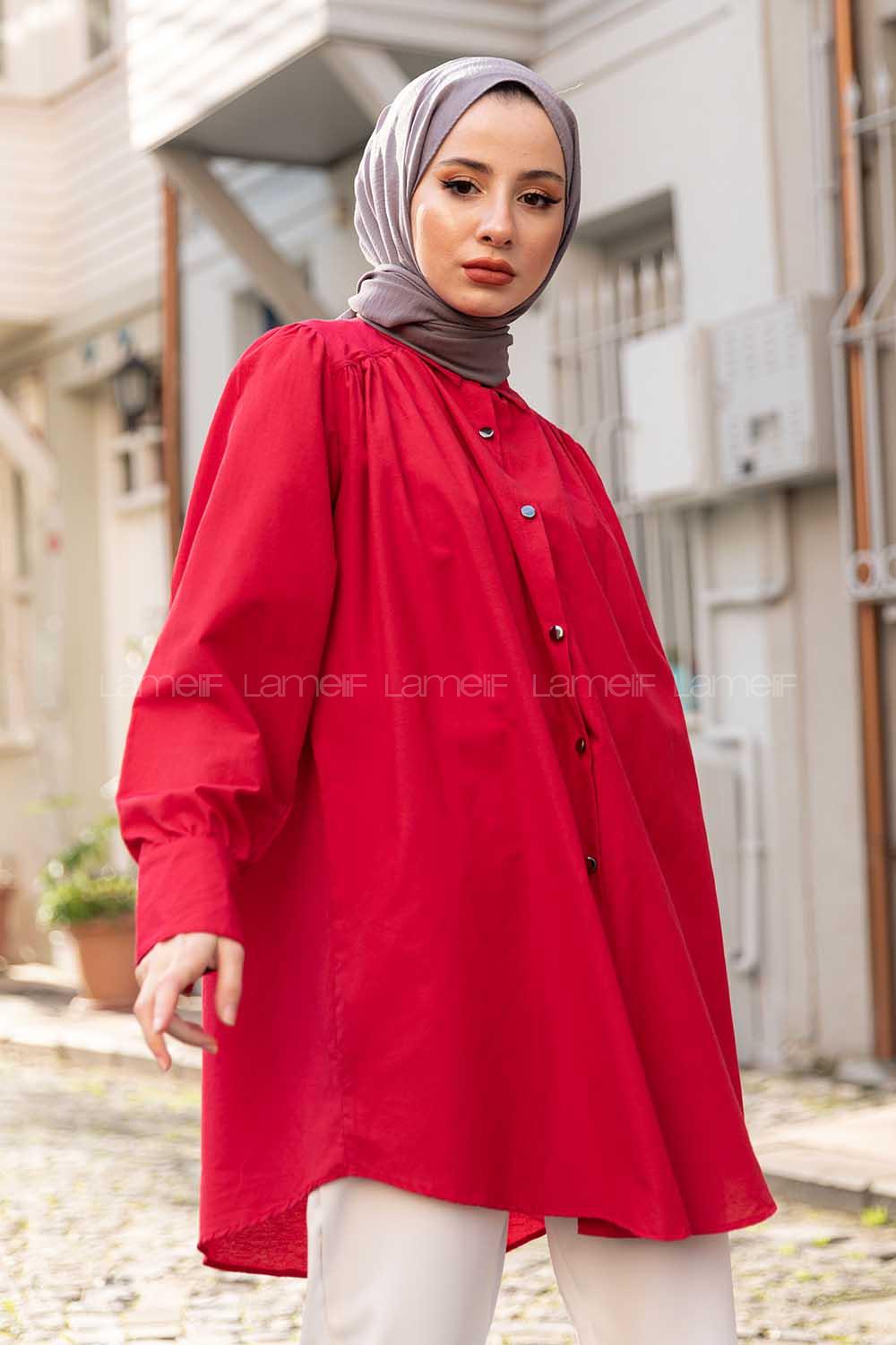 Modalamelif Önü Düğmeli Balon Kol Gömlek Bordo