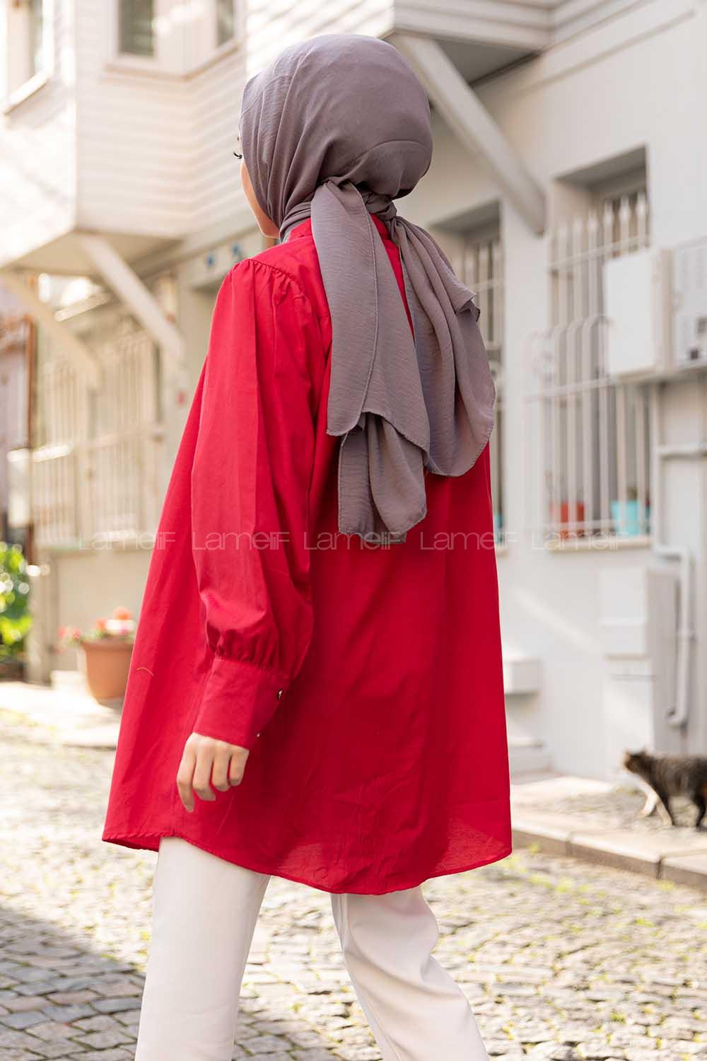 Modalamelif Önü Düğmeli Balon Kol Gömlek Bordo