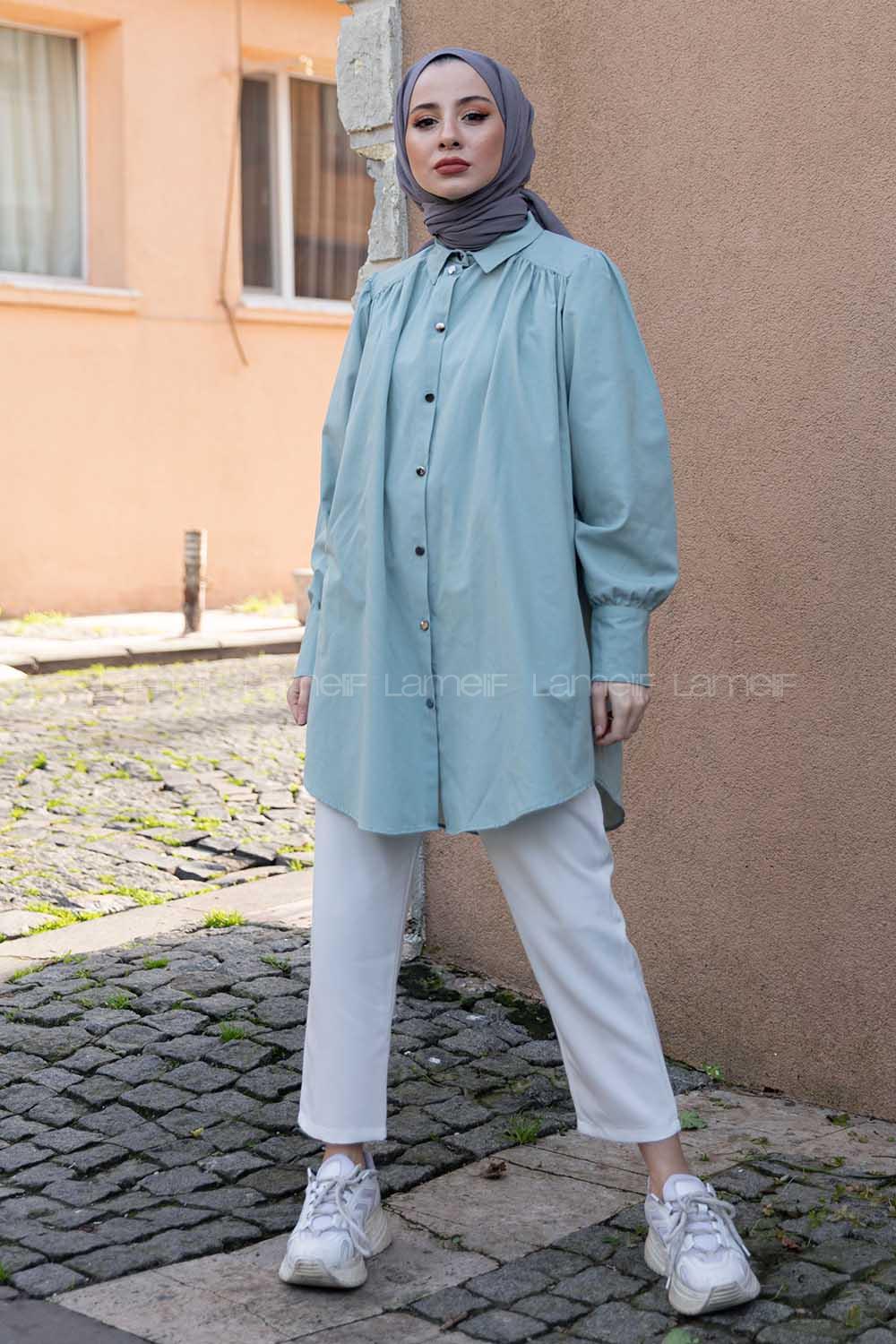 Modalamelif Önü Düğmeli Balon Kol Gömlek Çağla