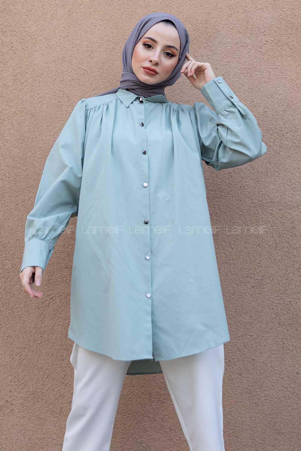 Modalamelif Önü Düğmeli Balon Kol Gömlek Çağla