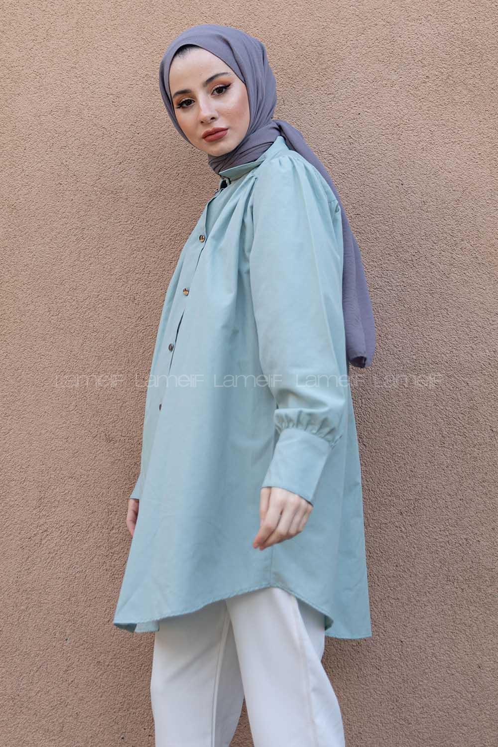 Modalamelif Önü Düğmeli Balon Kol Gömlek Çağla