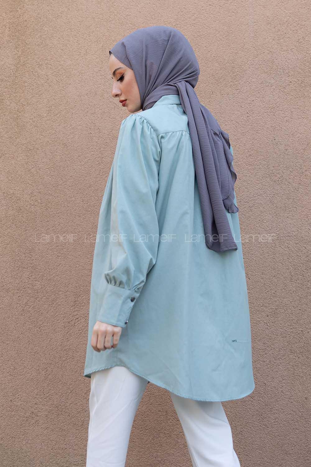 Modalamelif Önü Düğmeli Balon Kol Gömlek Çağla