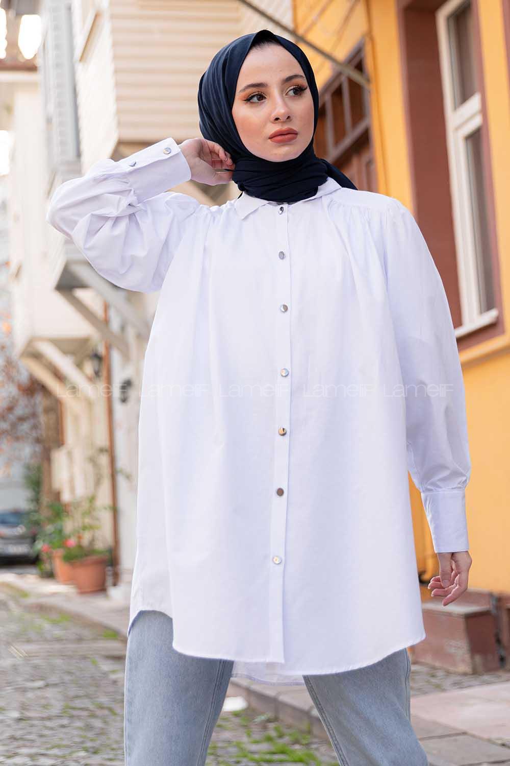 Modalamelif Önü Düğmeli Balon Kol Gömlek Ekru
