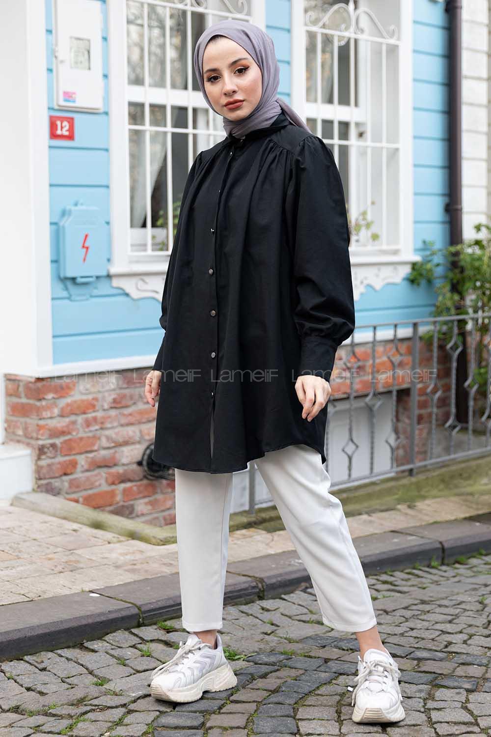 Modalamelif Önü Düğmeli Balon Kol Gömlek Siyah